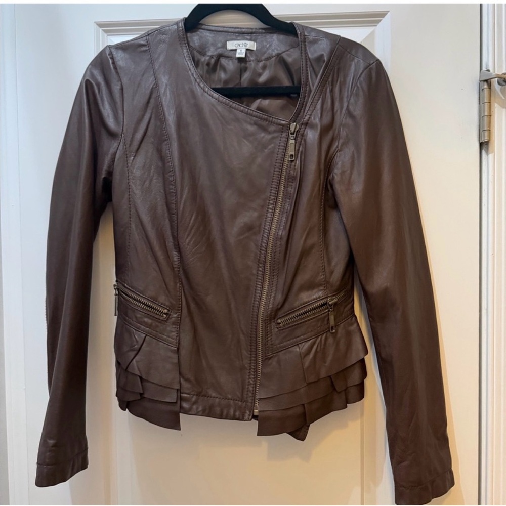 Cache Vintage 100% Leather Jacket with Asymmetrical Zipper and Ruffle Detail